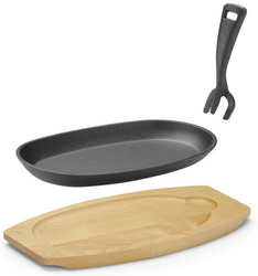 Zdjęcie do “Półmisek żeliwny z drewnianą podstawą i uchwytem 280x140x(H)30 mm - kod 629383”.