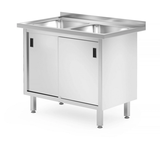 Zdjęcie do “Stół z dwoma zlewami, szafka z drzwiami suwanymi 1000x600x850 mm, spawany- kod 813690”.