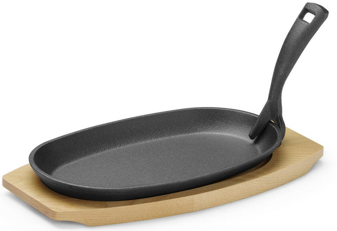 Zdjęcie do “Półmisek żeliwny z drewnianą podstawą i uchwytem 280x140x(H)30 mm - kod 629383”.