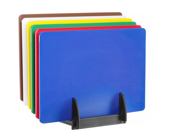 Zdjęcie do “Hendi Zestaw 6 desek do krojenia HACCP 450x300 mm ze stojakiem - kod 825686”.